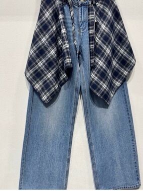 Blue Plaid Shirt Over Light Wash Wide Leg Jeans, from Italy